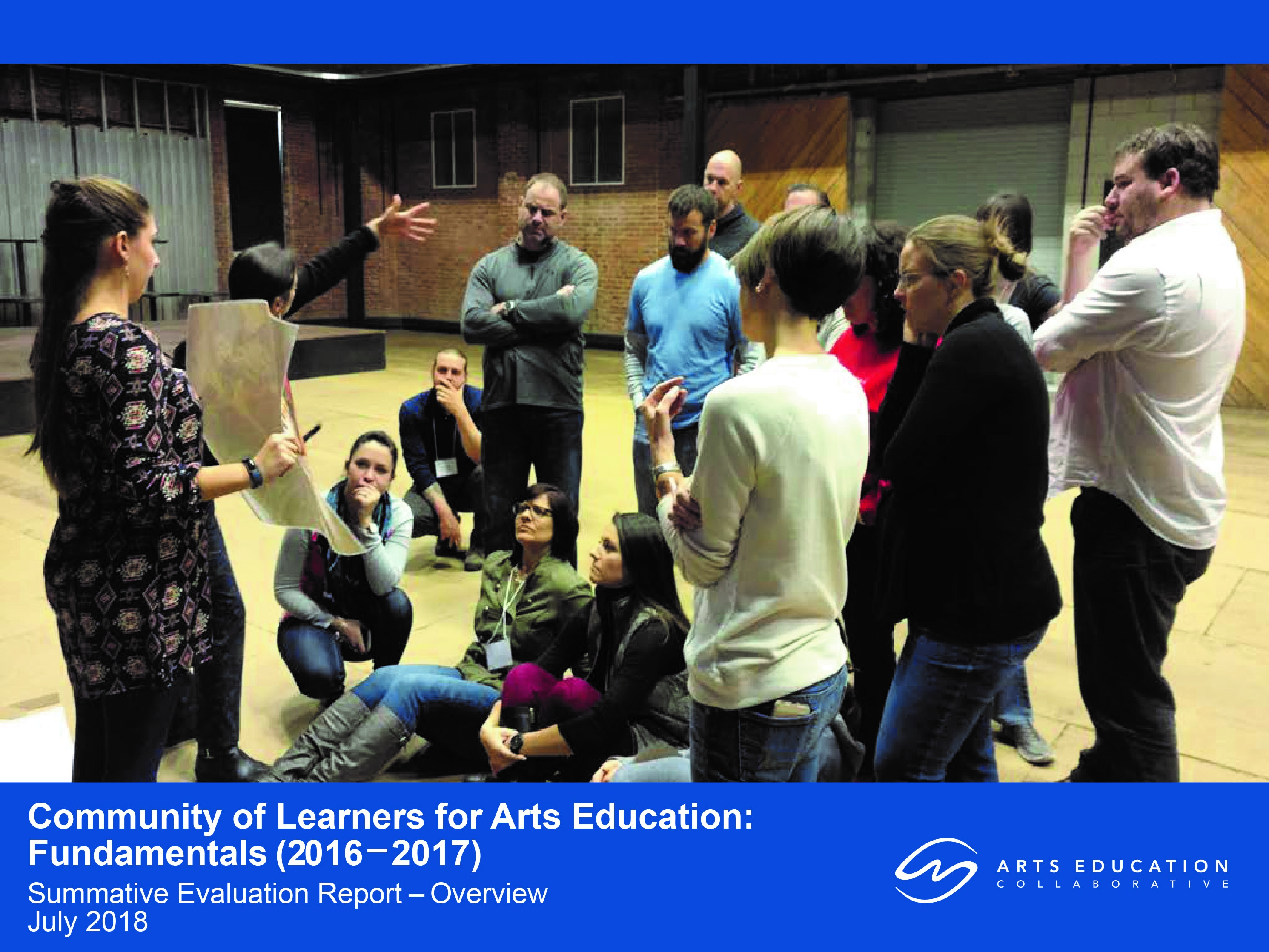 Cover of CLAE evaluation report showing administrators participating in a dance exercise.