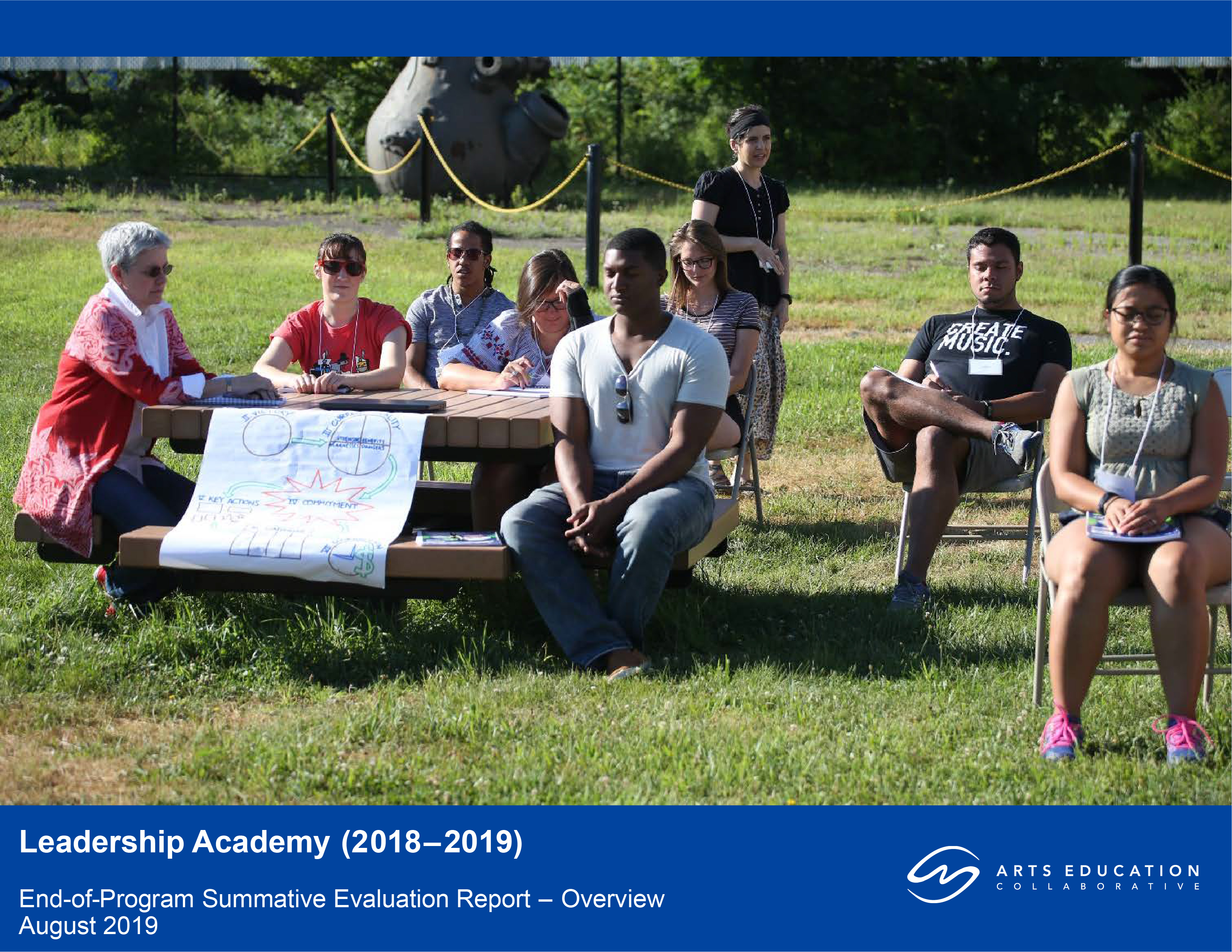 Cover of Leadership Academy evaluation report showing educators meditating outside.