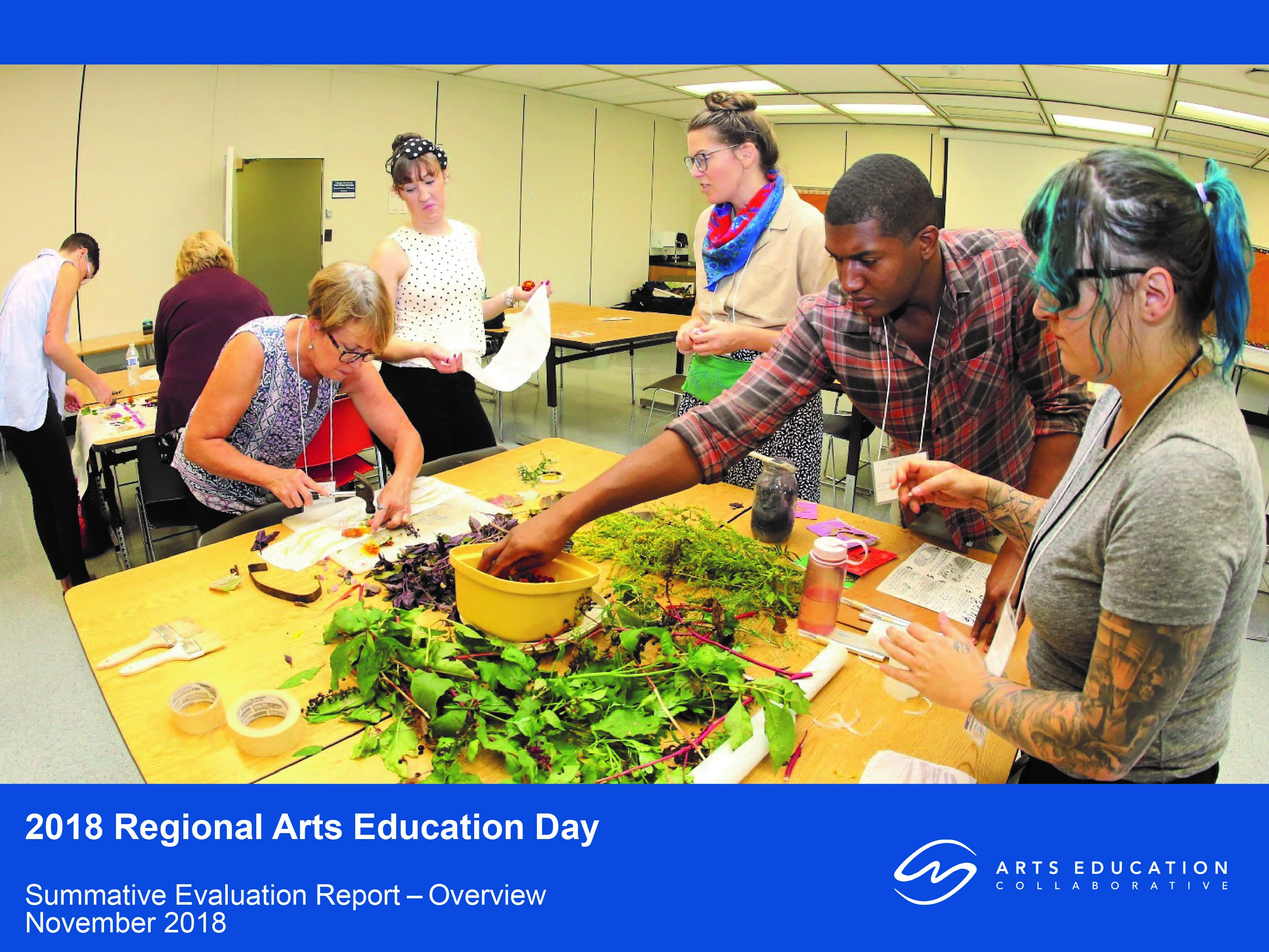 Cover of Regional Arts Education Day 2018 evaluation report showing educators making plant dyes.
