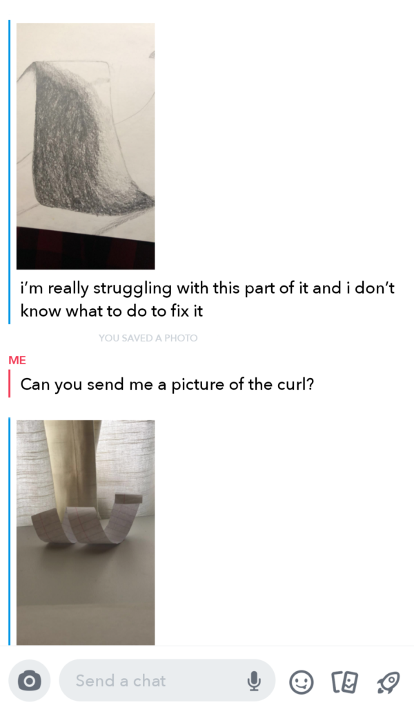 An image of a chat between a struggling student and an art teacher