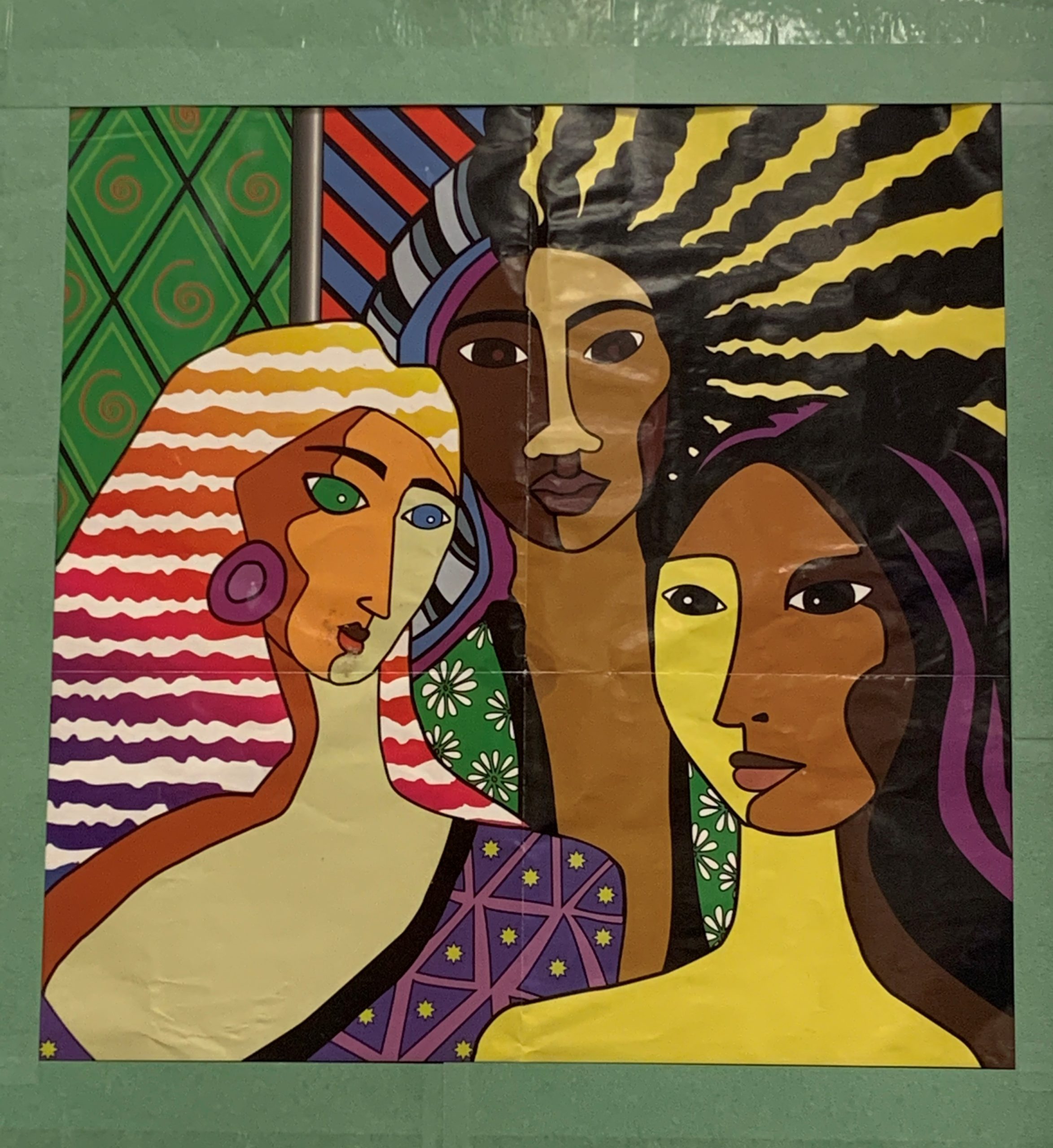A drawing of three women in an array of different colors and patterns.