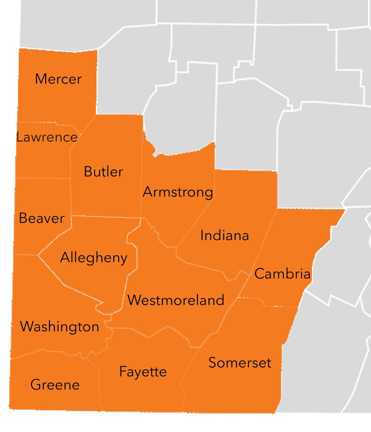 gray map of Southwest PA with several counties in orange
