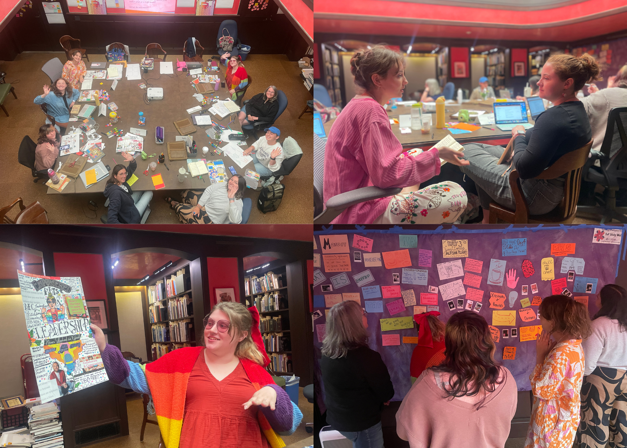 Collage of 4 photos, all of various members of Leadership Academy, talking and hanging sticky notes.