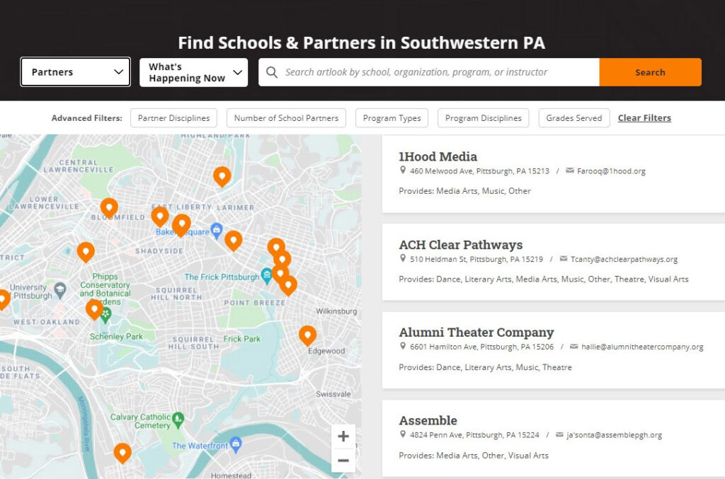 Search bar across the top, map to the left, list of schools to the right.