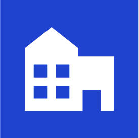 White building icon on a blue background