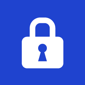 White lock icon on a blue background