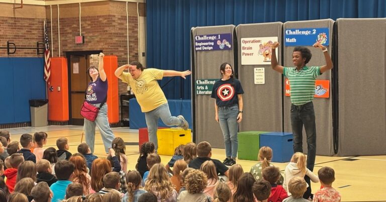 Saltworks Theatre performs for a group of students, photo credits Saltworks.